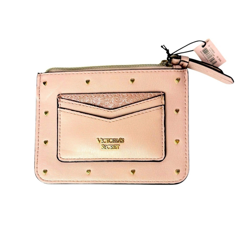 Victoria Secret Rose Gold Pink Zip Card Case Keychain w/ Studded Hearts